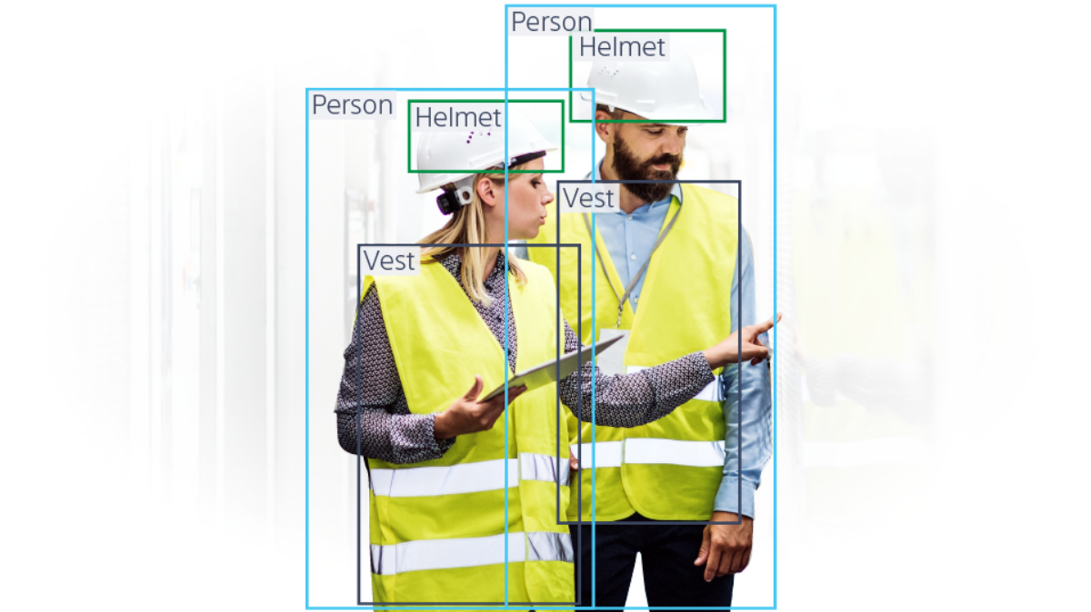 Example of a detector task, identifying if people in a storehouse wear protectice equipment like helmet and vest