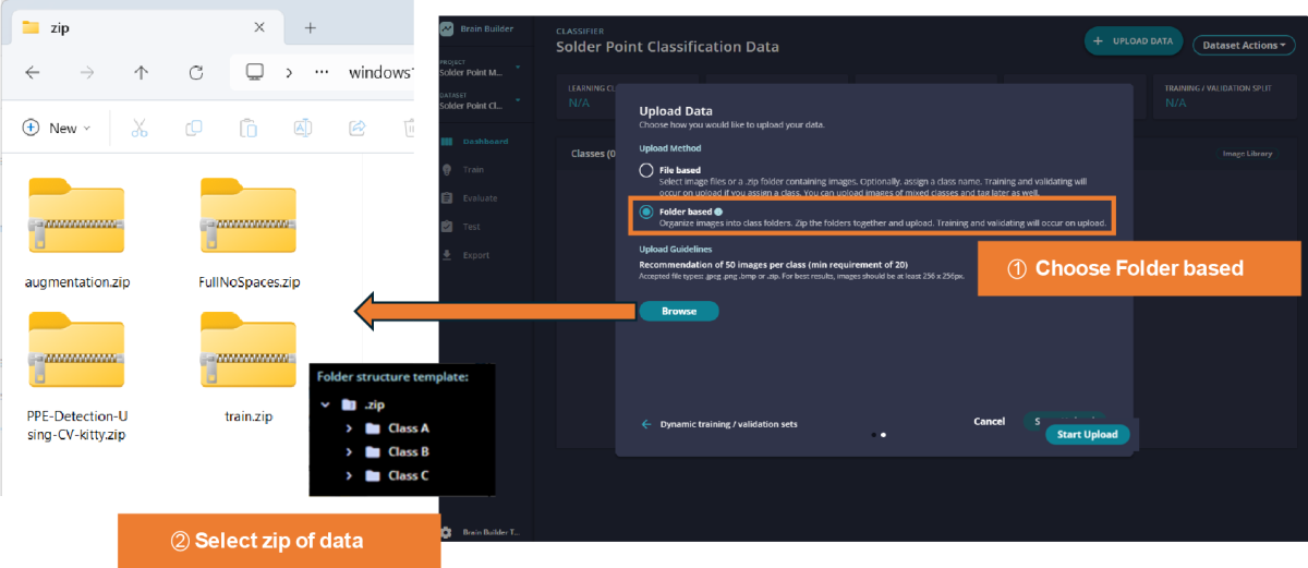 Brain Builder UI view where you choose how you want to upload your data