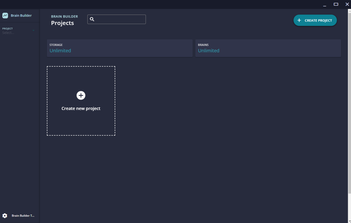 Brain Builder UI view where you can create a new project