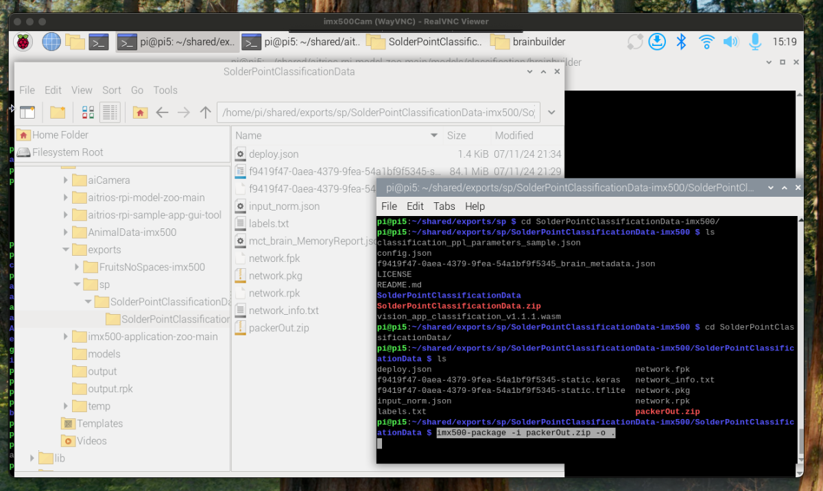 Folder and terminal screen view for deploying the model to the Raspberry Pi AI Camera