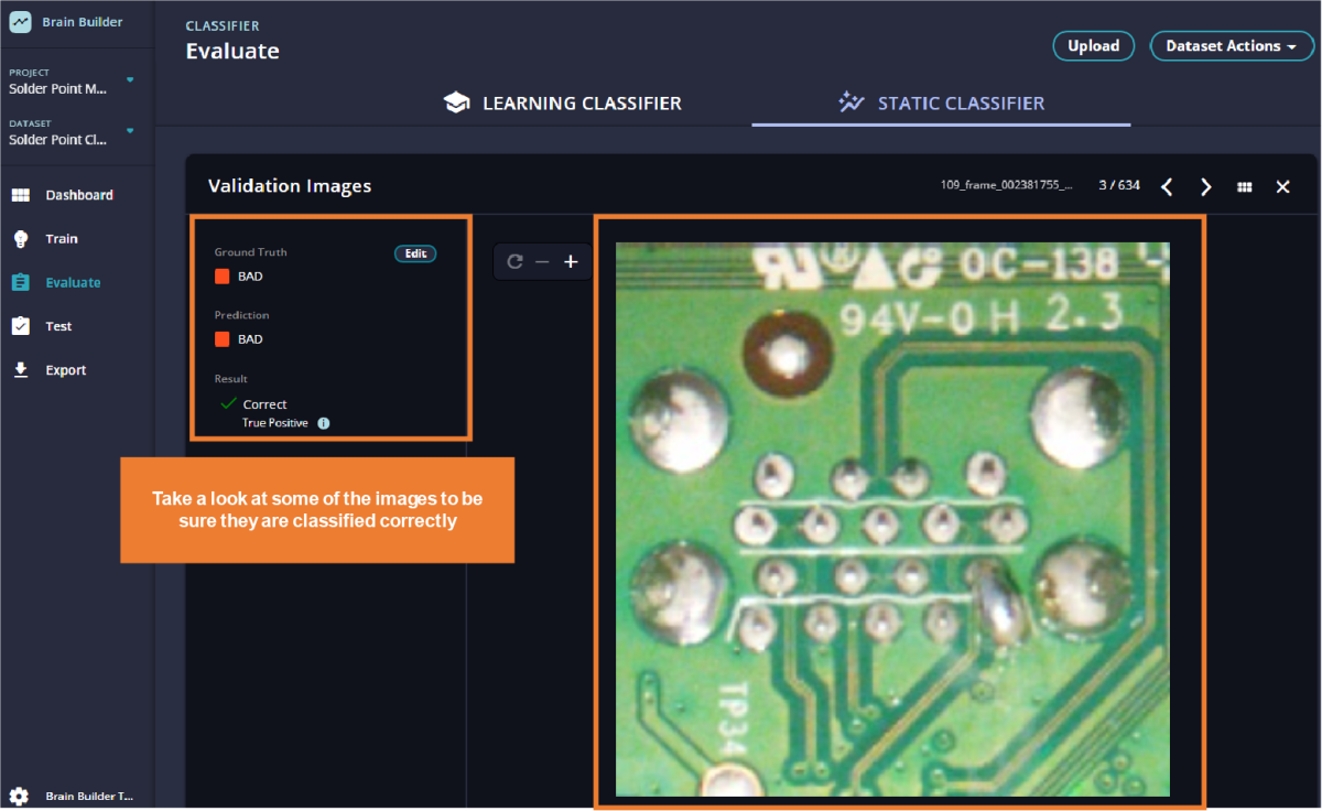 Brain Builder UI view where you can check some of the images to make sure that they are classifier correctly by the Static Classifier